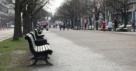 Parkbänke Belina von Runge in Grün lackiert Unter den Linden in Berlin Brandenburger Tor