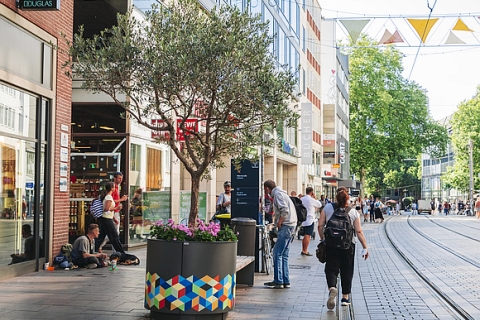 Großpflanzbehälter Binga Fußgängerzone begrünt von Stadtmobiliar Profi Runge