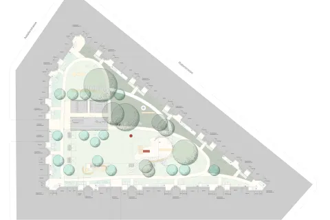 Zeichnung des Lageplans Riedlerblock mit geschwungenen Betonelementen mit Sitzauflagen aus Holz Cube von Runge