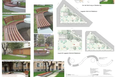 Übersicht über die Planung von der Zeichnung zur Realisierung bei der Wohnhofsanierung im Riedlerblock mit Runge Sitzbankauflagen nach freiem Entwurf